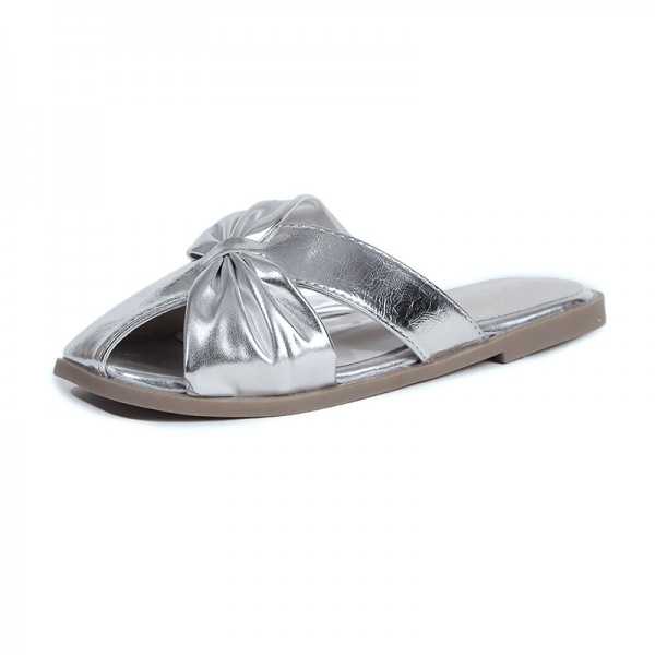 LazySeal 1.5cm Low Heel Silver Fashion Mules Big Bow Round Toe Slippers Rubber Outsole Slip On Slides zapatos mujer flat sandals