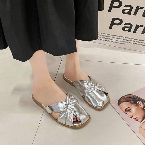 LazySeal 1.5cm Low Heel Silver Fashion Mules Big Bow Round Toe Slippers Rubber Outsole Slip On Slides zapatos mujer flat sandals