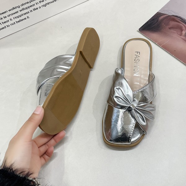 LazySeal 1.5cm Low Heel Silver Fashion Mules Big Bow Round Toe Slippers Rubber Outsole Slip On Slides zapatos mujer flat sandals