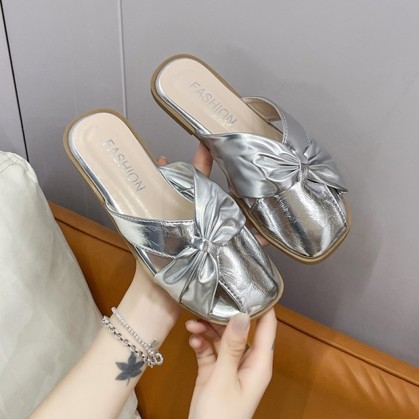 LazySeal 1.5cm Low Heel Silver Fashion Mules Big Bow Round Toe Slippers Rubber Outsole Slip On Slides zapatos mujer flat sandals