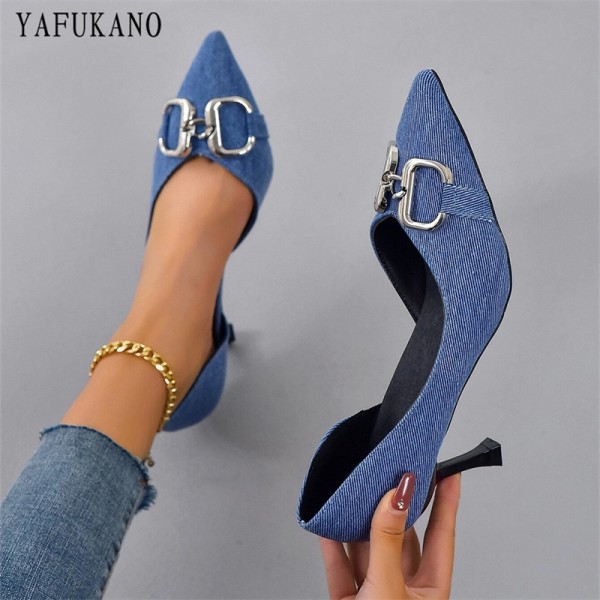 Metal Decor Point Toe Stiletto Denim Pumps Korean ...