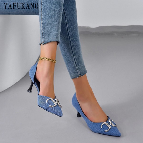 Metal Decor Point Toe Stiletto Denim Pumps Korean Style Fashion Side Empty High Heels French Slip-on Casual Single Shoes