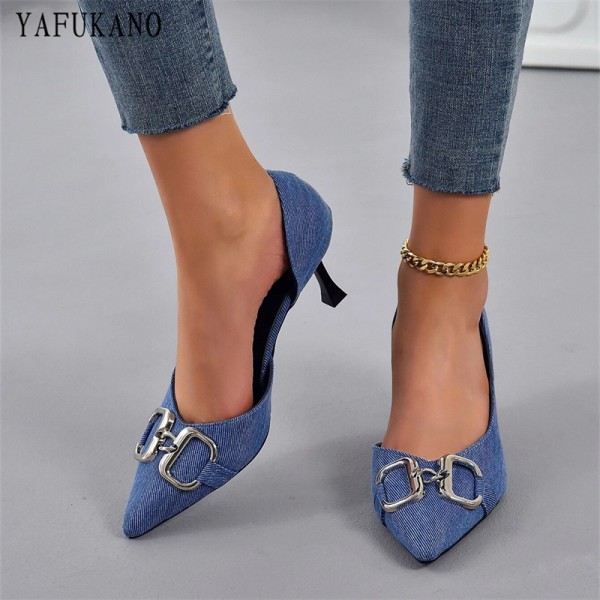 Metal Decor Point Toe Stiletto Denim Pumps Korean Style Fashion Side Empty High Heels French Slip-on Casual Single Shoes