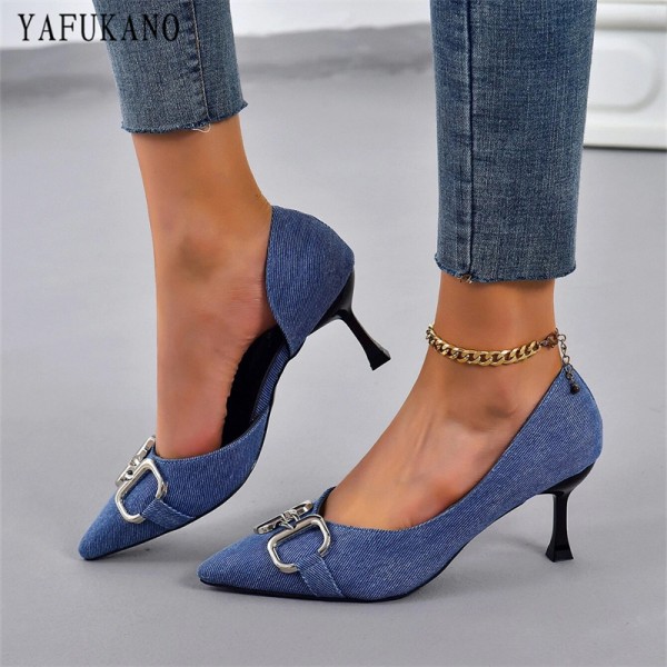 Metal Decor Point Toe Stiletto Denim Pumps Korean Style Fashion Side Empty High Heels French Slip-on Casual Single Shoes